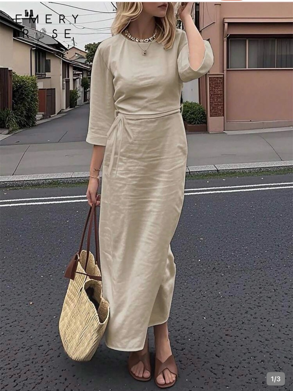 NWT!  Beige and 3/4 length sleeve Maxi Dress with matching belt.   Medium.